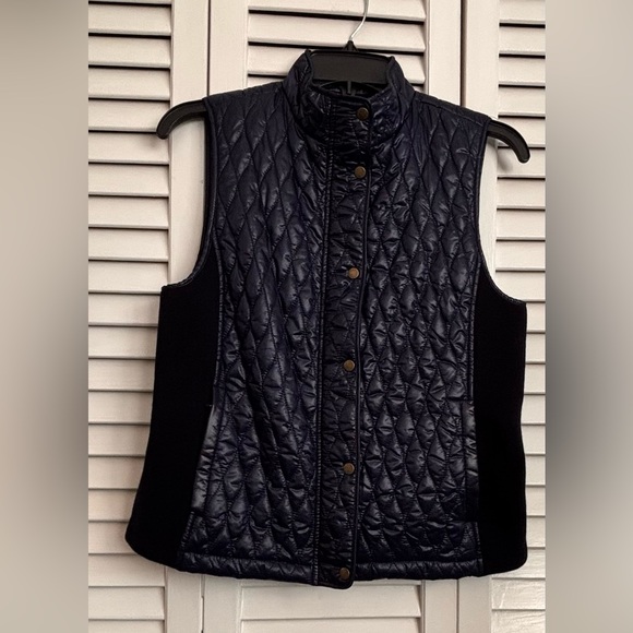 Talbots Jackets & Blazers - Talbots Quilted Sleeveless Vest with Stand Collar - Navy with Black Knit Sides